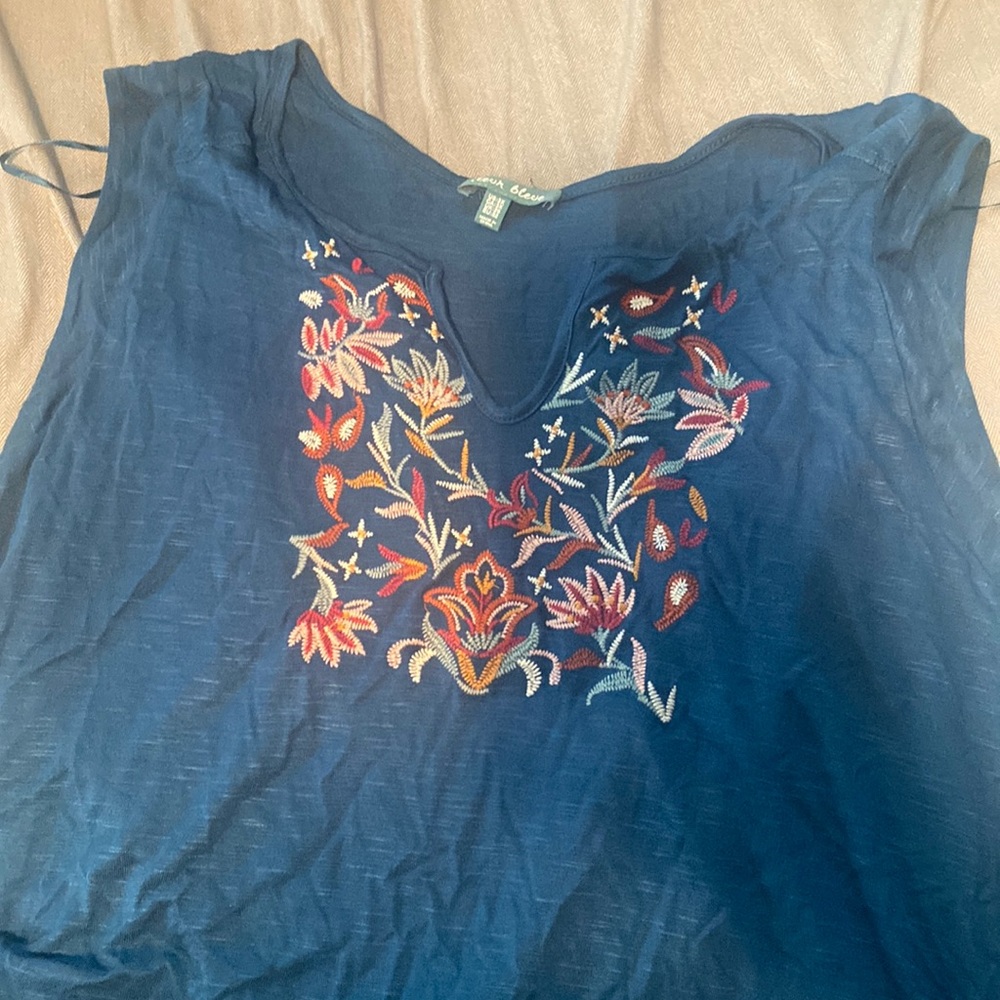 Dark teal sleeveless embroidered tank top